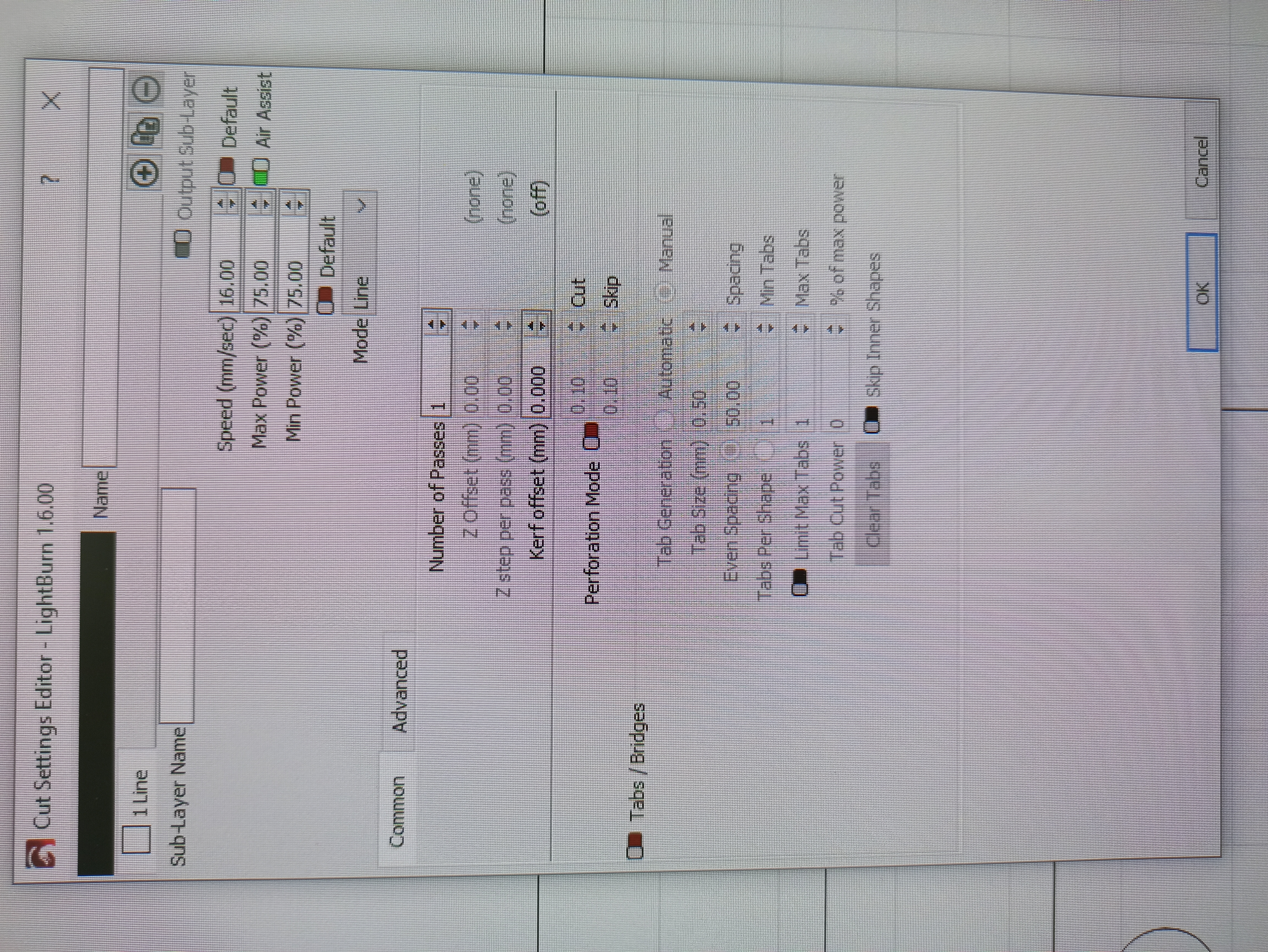 Lasercut settings details